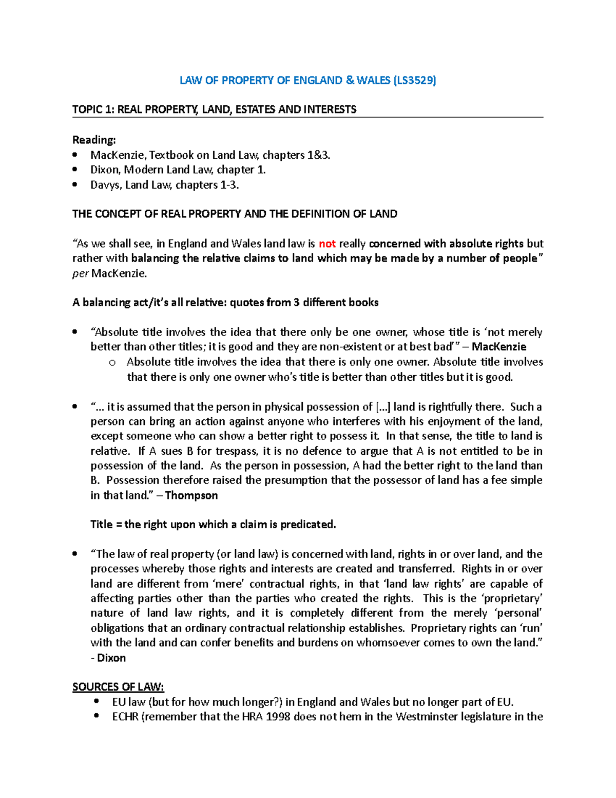 Law of Property Overview: Key Concepts and Rights (LS3529) - Studocu