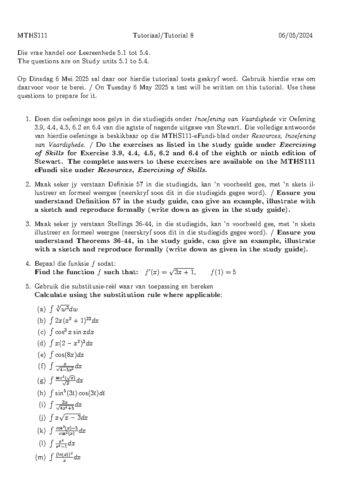 MTHS111 Tutorial 8 Questions for Test Preparation - 2025 - Studocu