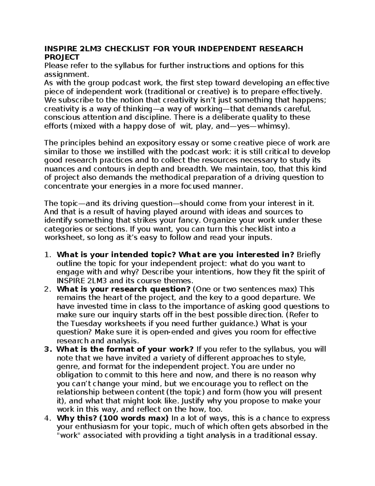 2LM3 Independent Research Project Checklist and Guide - Studocu