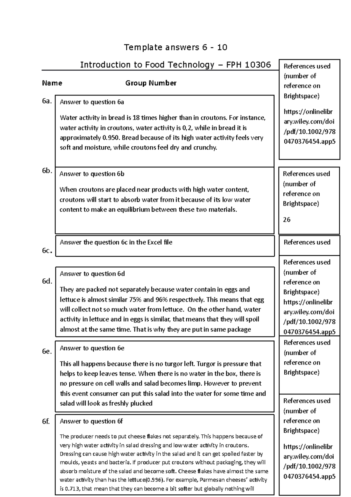 Case Study Answers 6-10 - Food Technology FPH 10306 - Studeersnel