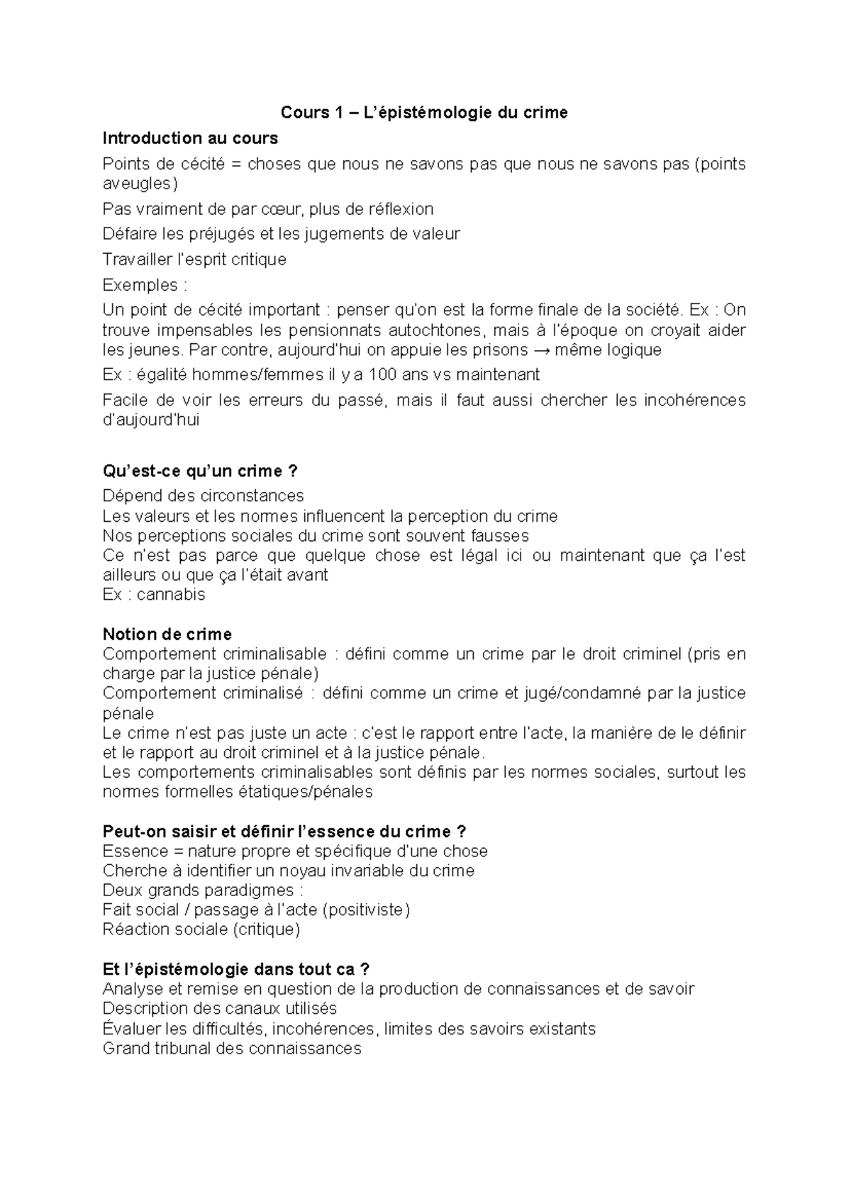 Cours 1 - Introduction au Crime : Points de Cécité et Normes Sociales ...