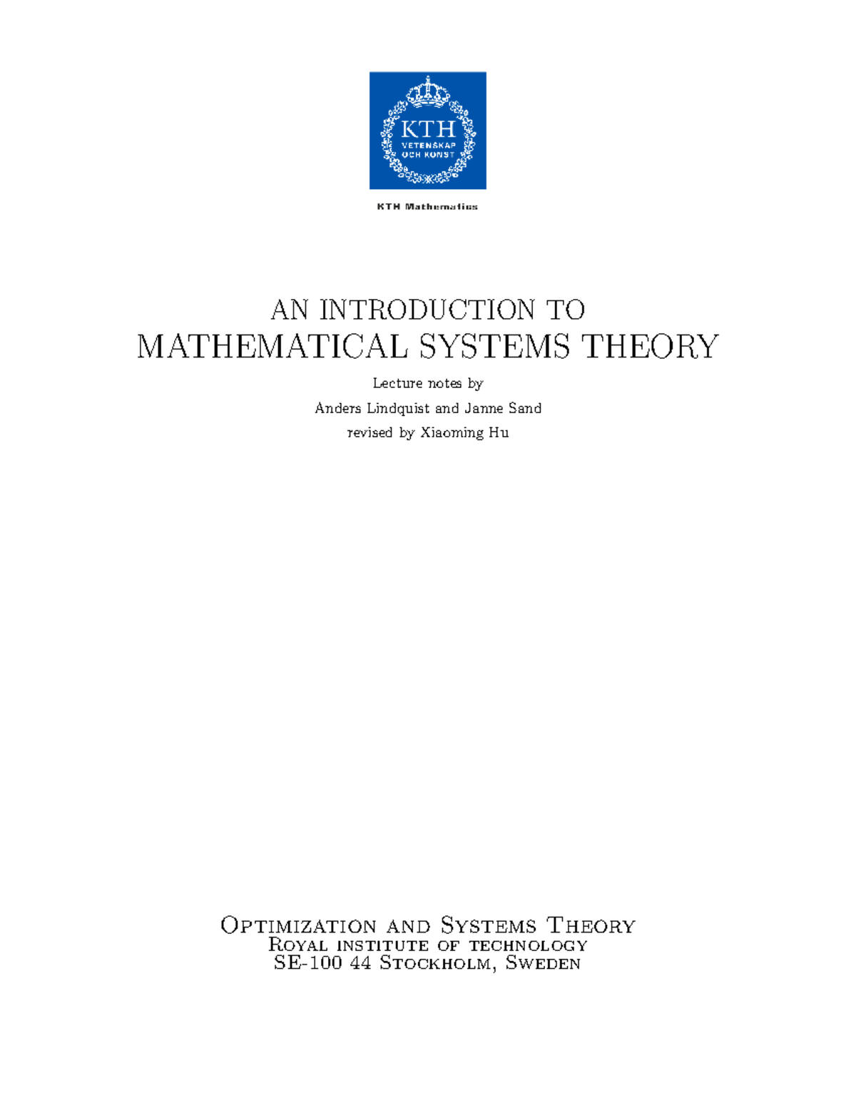 MATSYS 101: Lecture Notes on Mathematical Systems Theory - Studocu