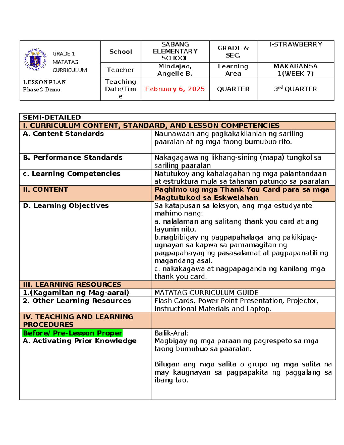 Final Demo Lesson Plan for Grade 1 - MATATAG Curriculum - Studocu