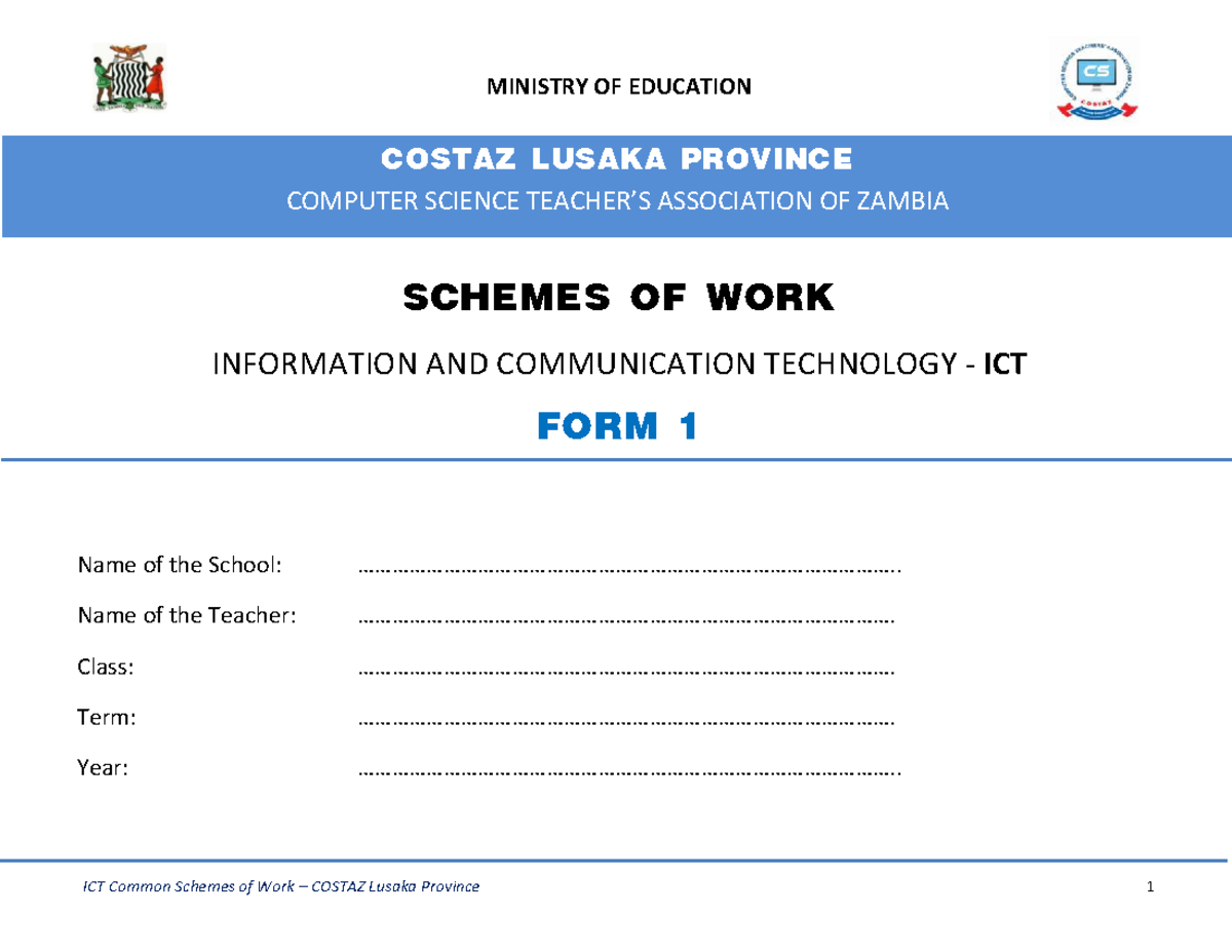 ICT Schemes of Work for Form 1 - COSTAZ Lusaka Province - Studocu