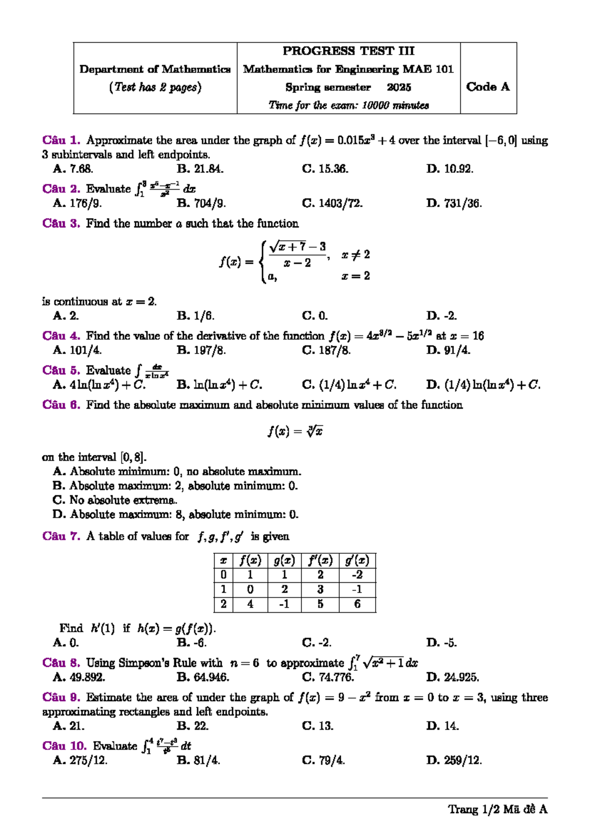Progress Test MAE 101: Mathematics for Engineering - Spring 2025 - Studocu