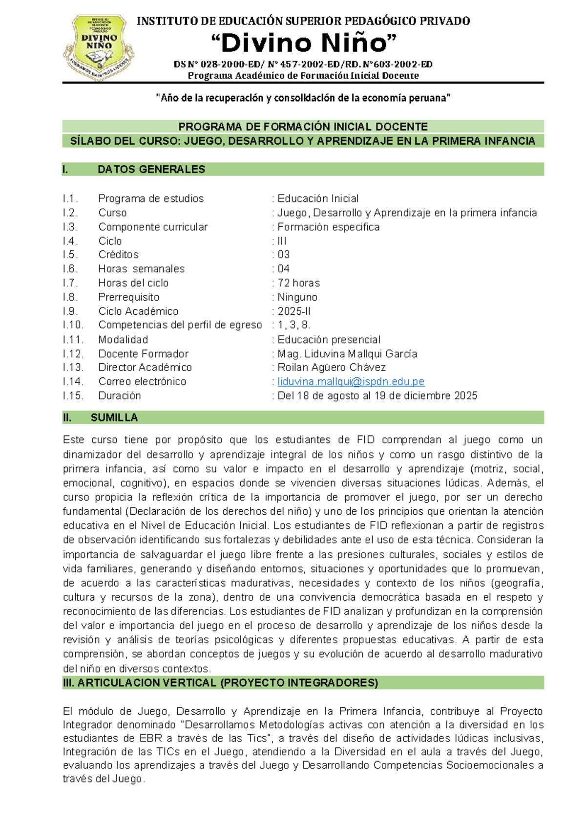 Sílabo del Curso: Juego, Desarrollo y Aprendizaje en la Primera ...