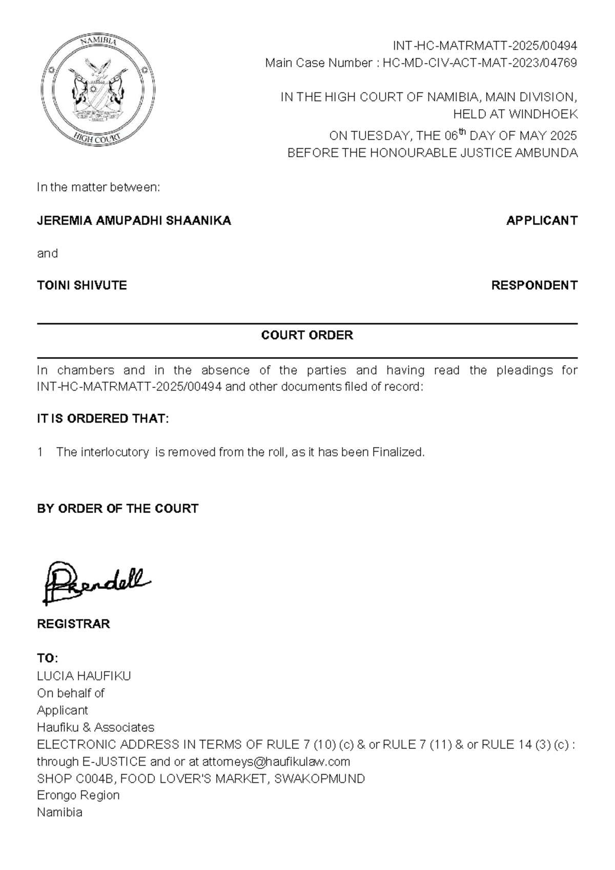 Court Order: Interlocutory in Matrimonial Matters (High Court) - Studocu