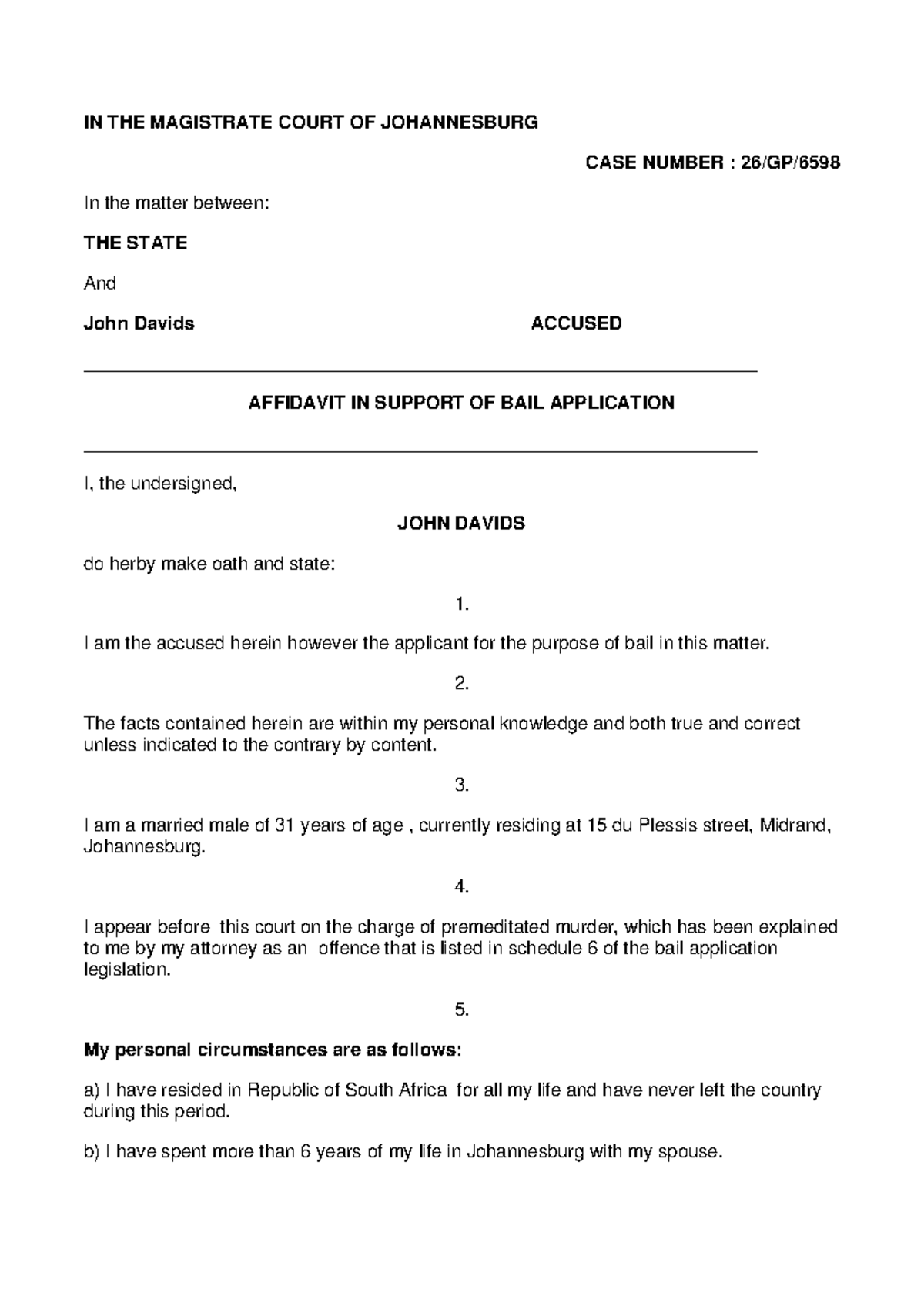 Criminal Court Assignment: Bail Application Affidavit - Case No. 26/GP ...