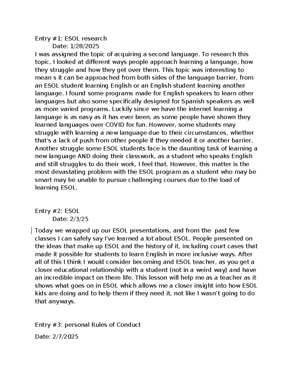 Journal Entries Q3 - yfbj uyf vk,,k j,, jnoiutf eush - Entry #1: ESOL ...