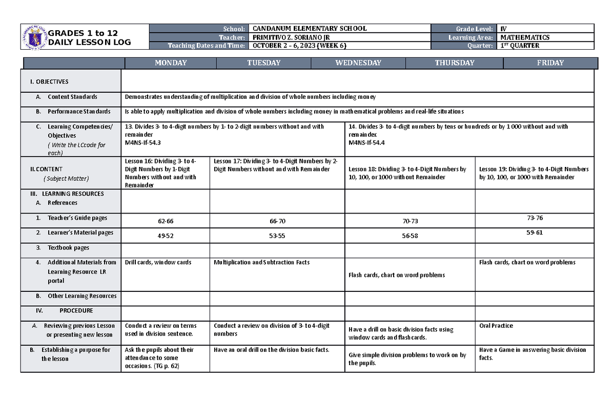 DLL Mathematics 4 Q1 W6 - DLL MATH 4 - GRADES 1 to 12 DAILY LESSON LOG ...
