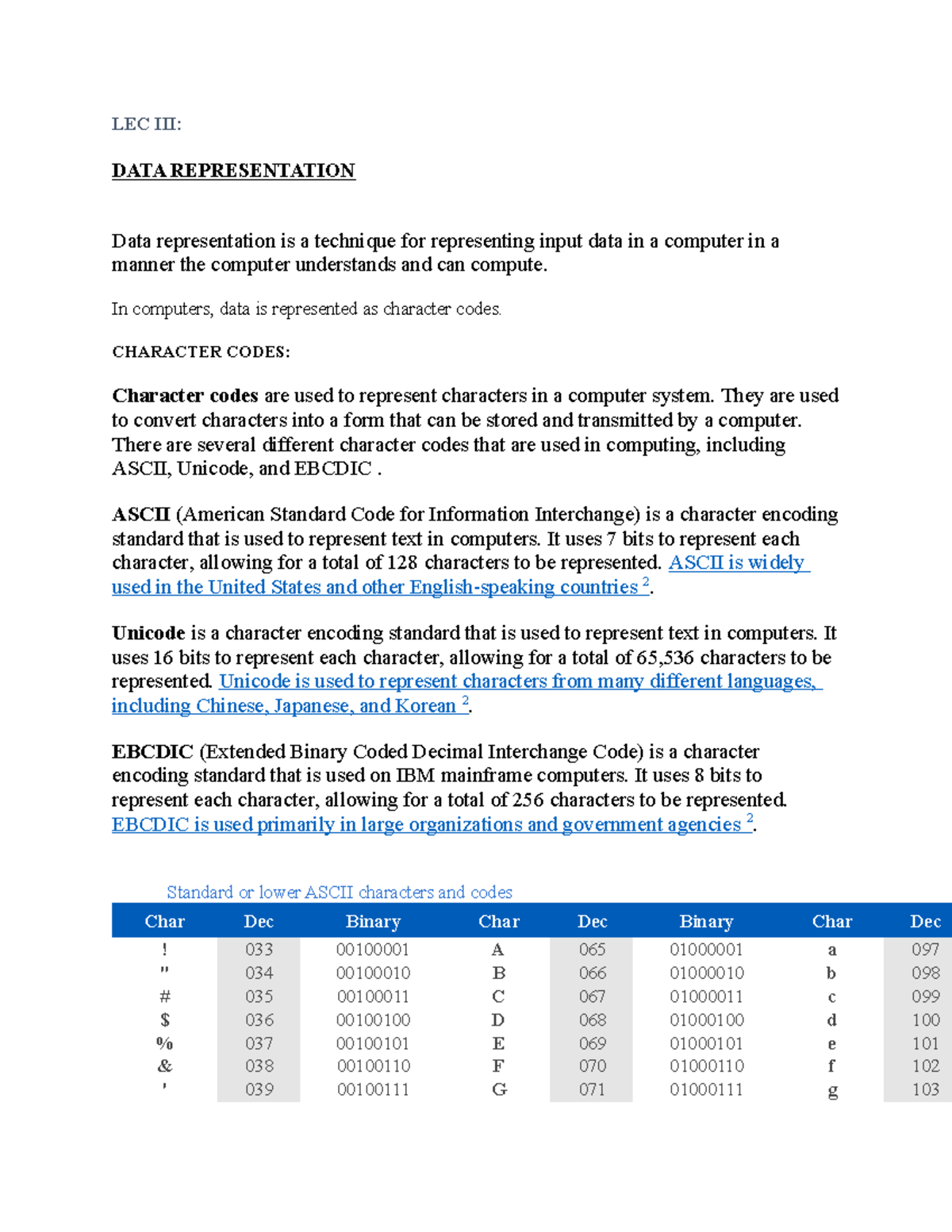 COSC 105 LEC III-1 - Understanding Data Representation and Codes - Studocu