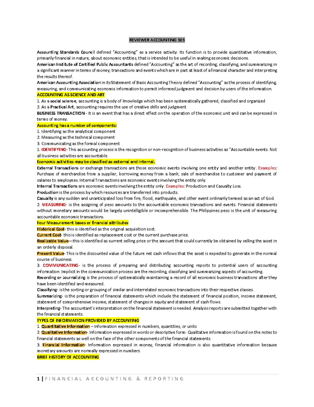 Reviewer- Accounting-101 - REVIEWER ACCOUNTING 101 Accounting Standards ...