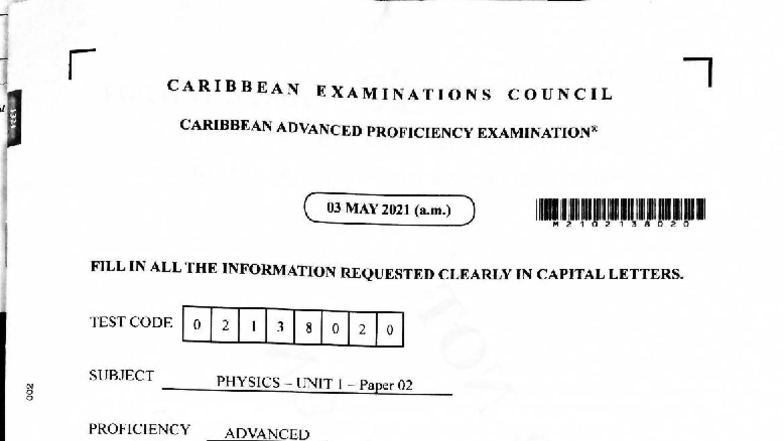 CAPE PHYSICS UNIT 1 Paper 02 - May 2021 Exam Instructions - Studocu