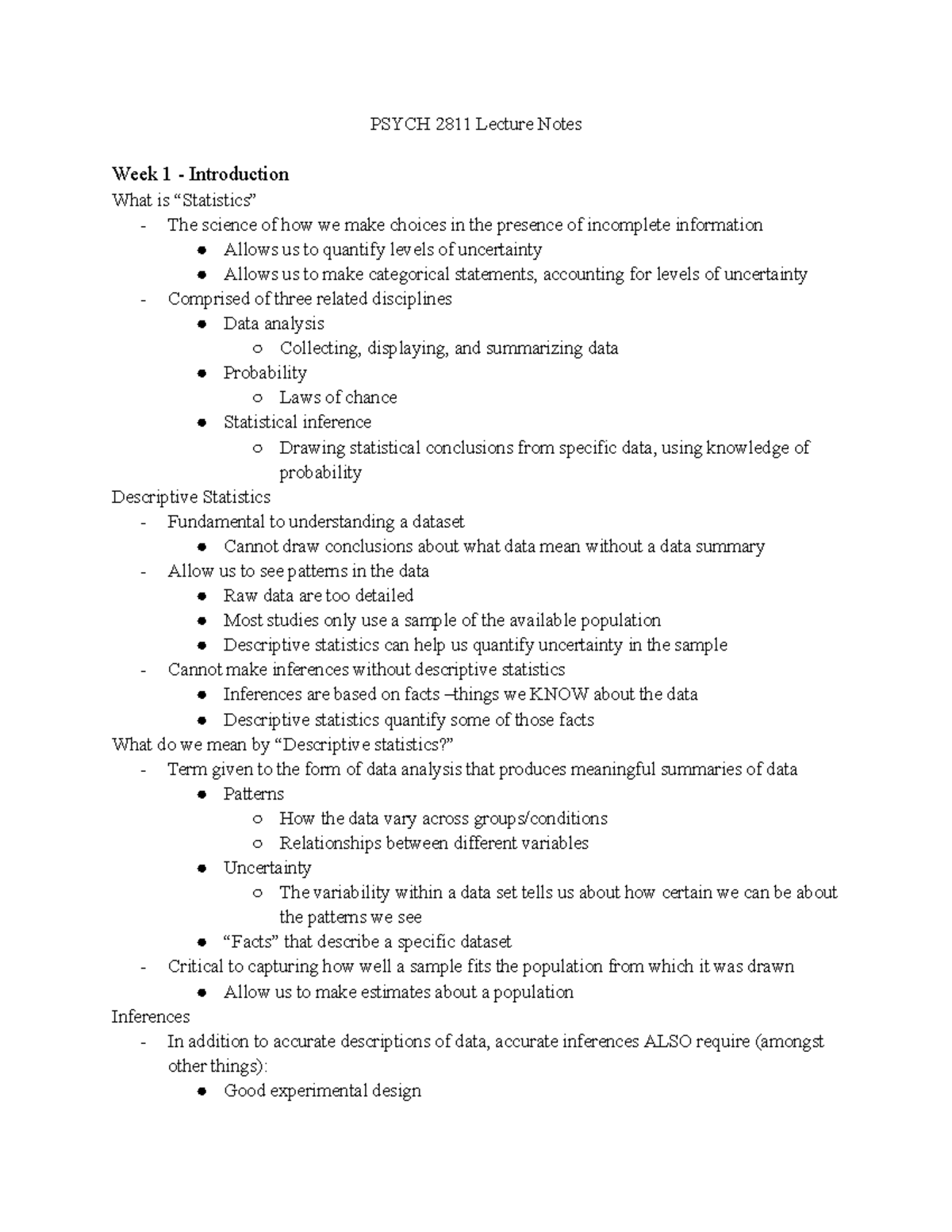 PSYCH 2811 Comprehensive Lecture Notes on Statistics and Distributions ...