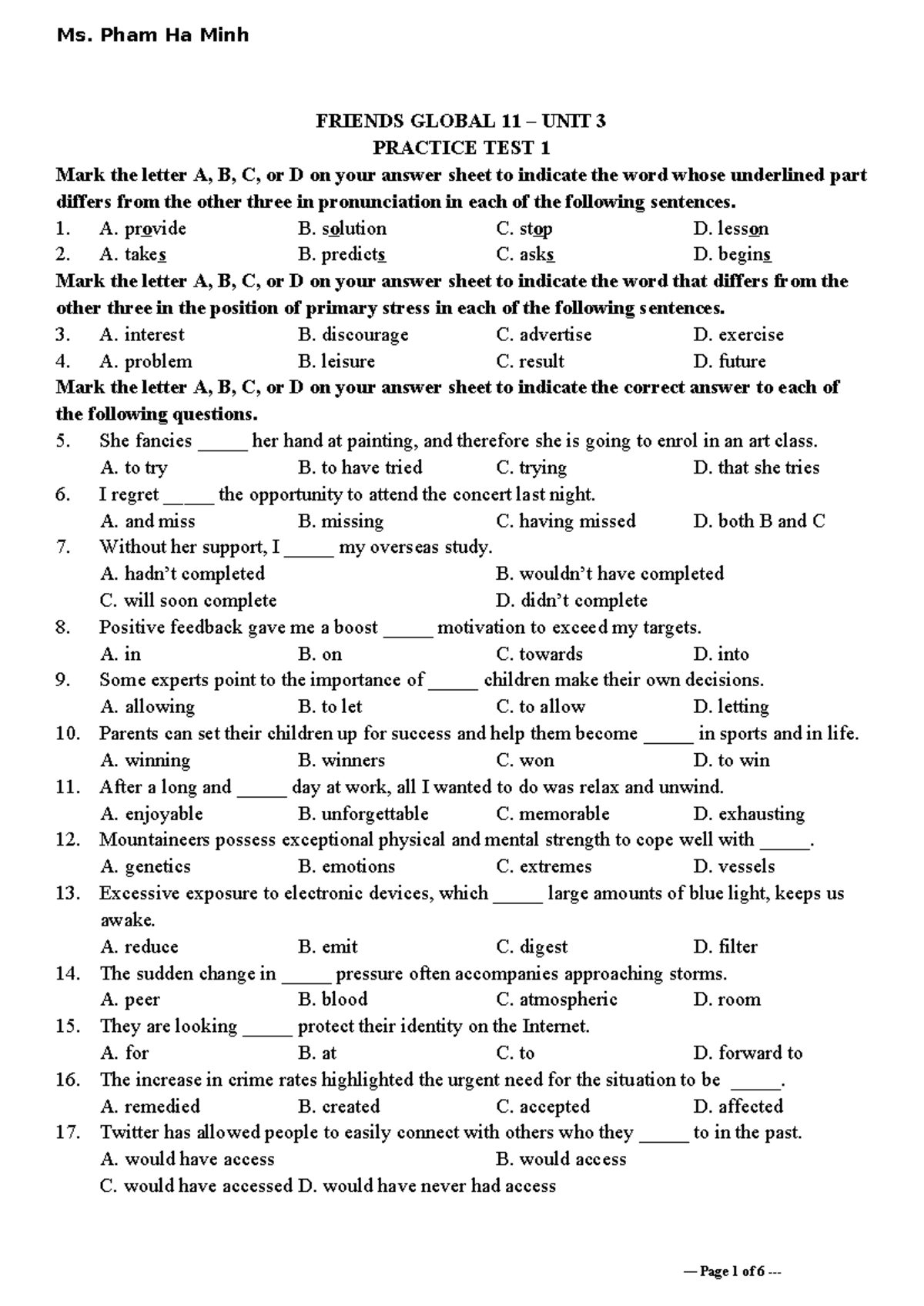 Tieng Anh 11 Friends Global - Unit 3 - Practice Test 1 - Studocu