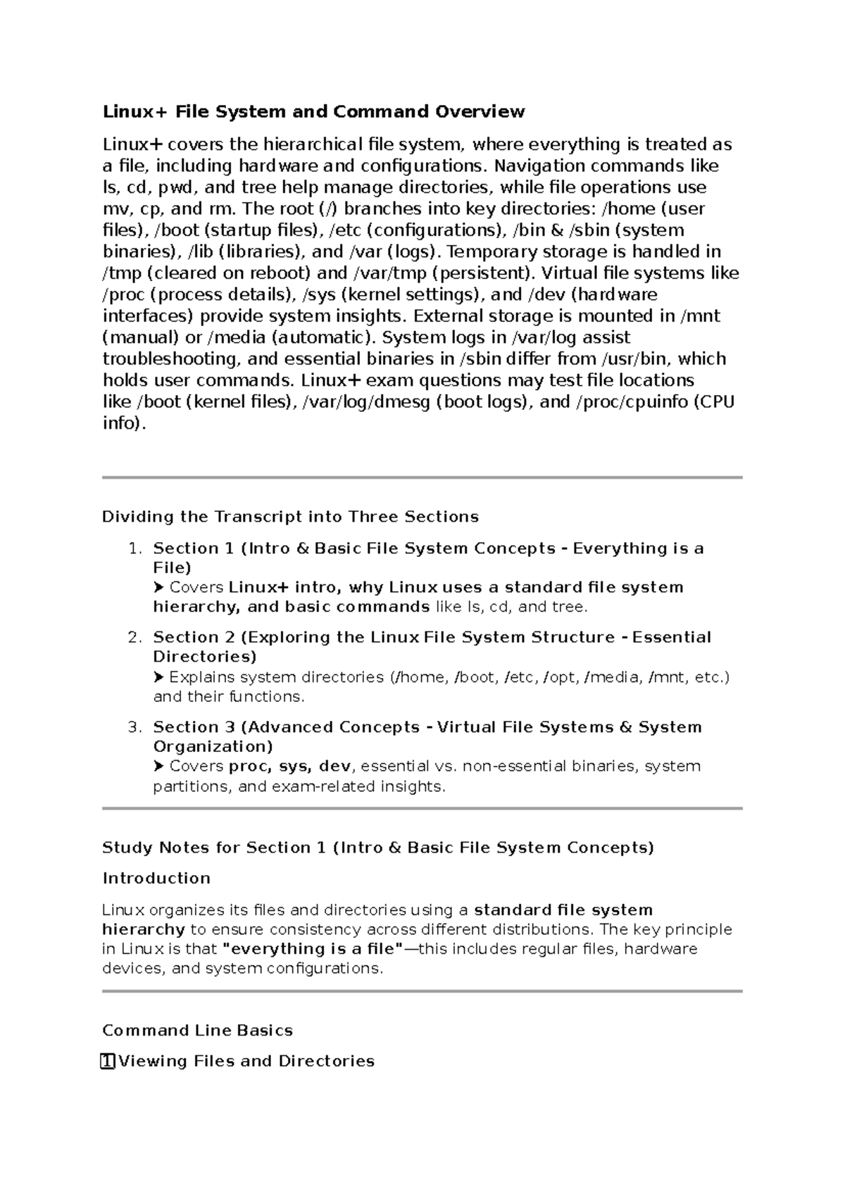 Linux+ File System Overview: Commands, Structure, and Insights - Studocu