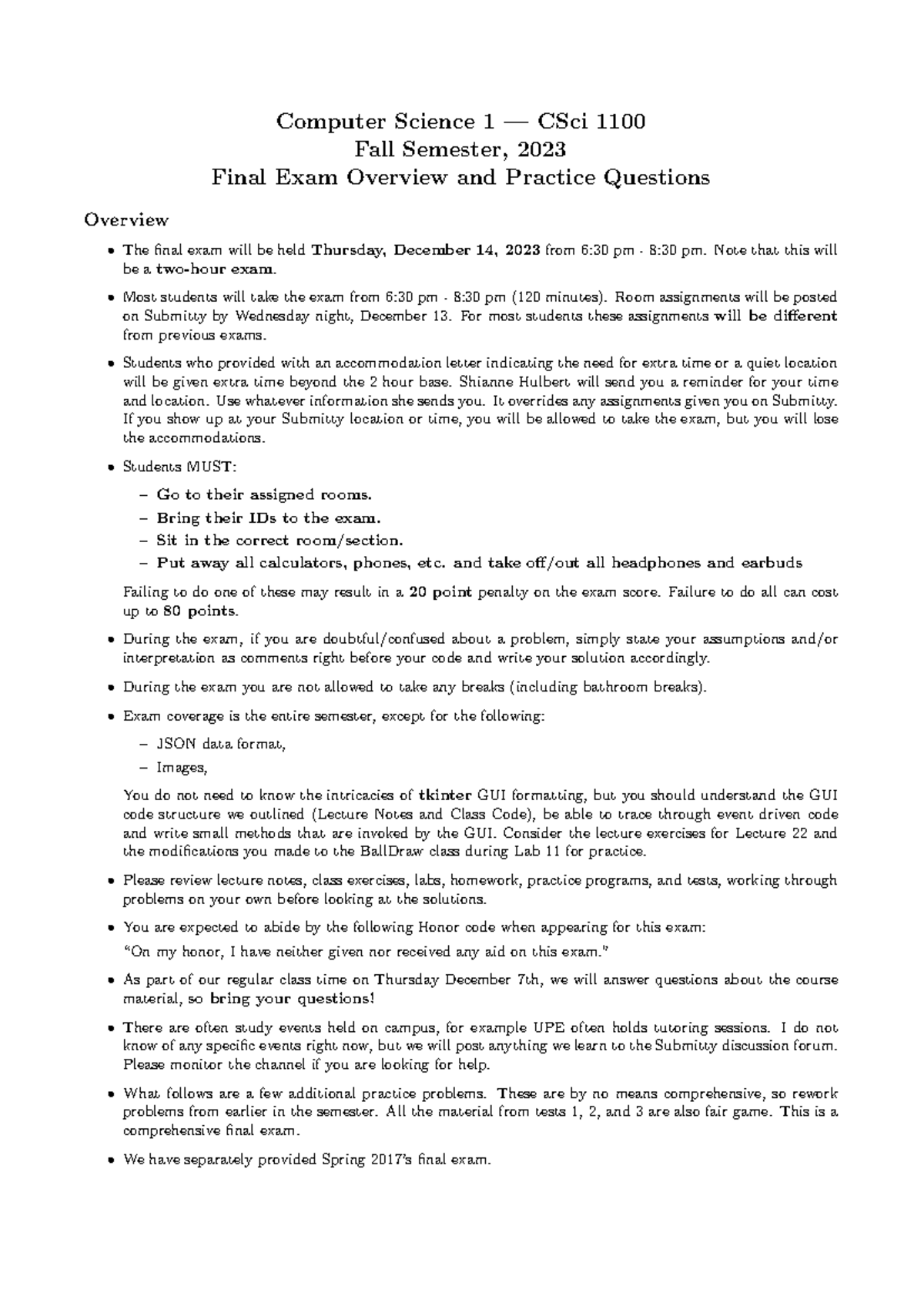 Final Exam Overview & Solutions for CSci 1100 - Fall 2023 - Studocu