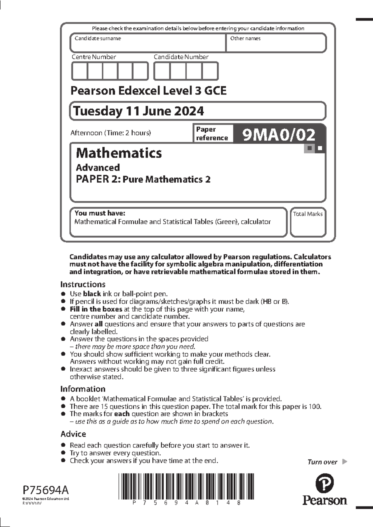 A Level Mathematics Advanced (PAPER 2) Exam Details - June 2024 - Studocu