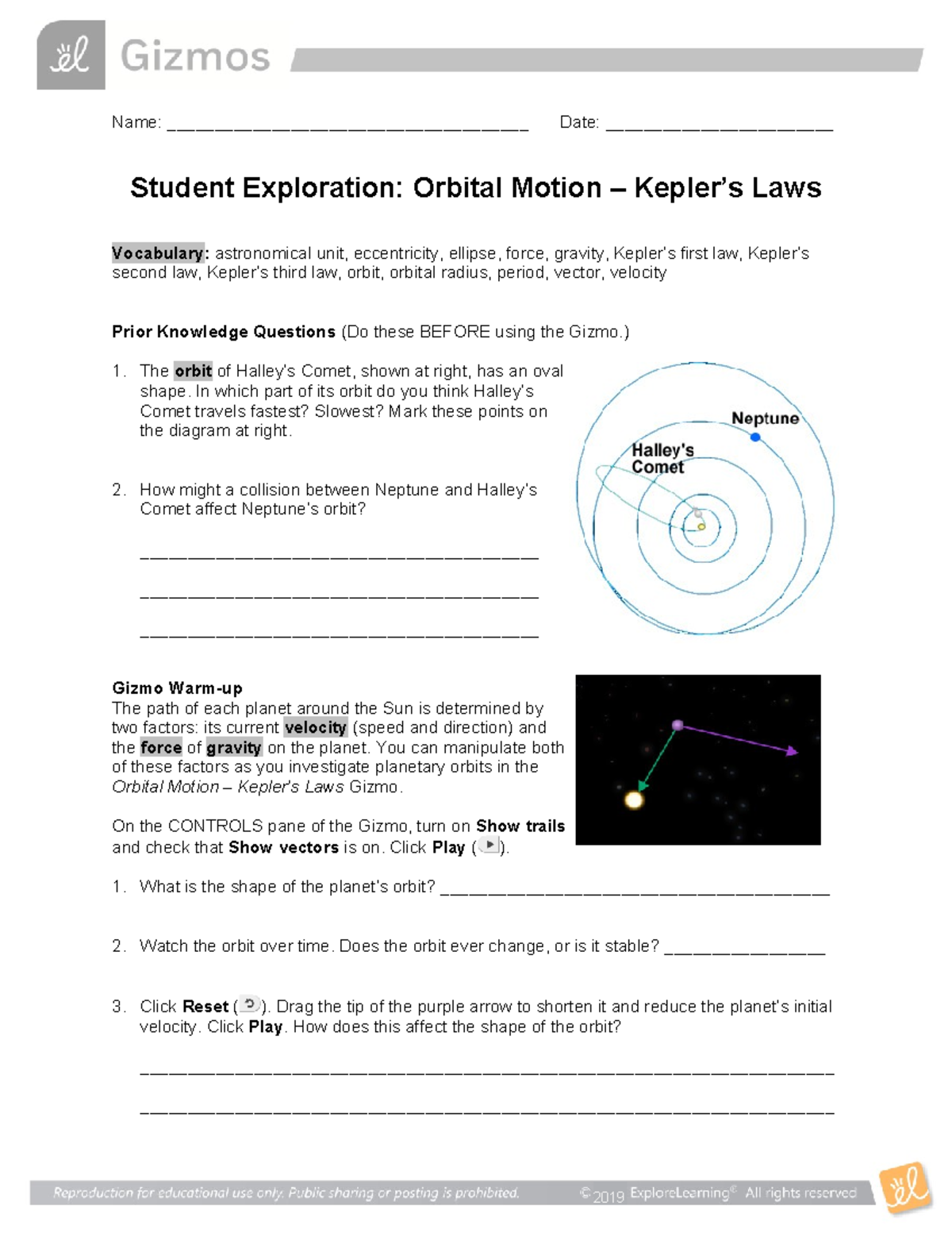Kepler’s Laws of Orbital Motion SE - Student Exploration Guide - Studocu