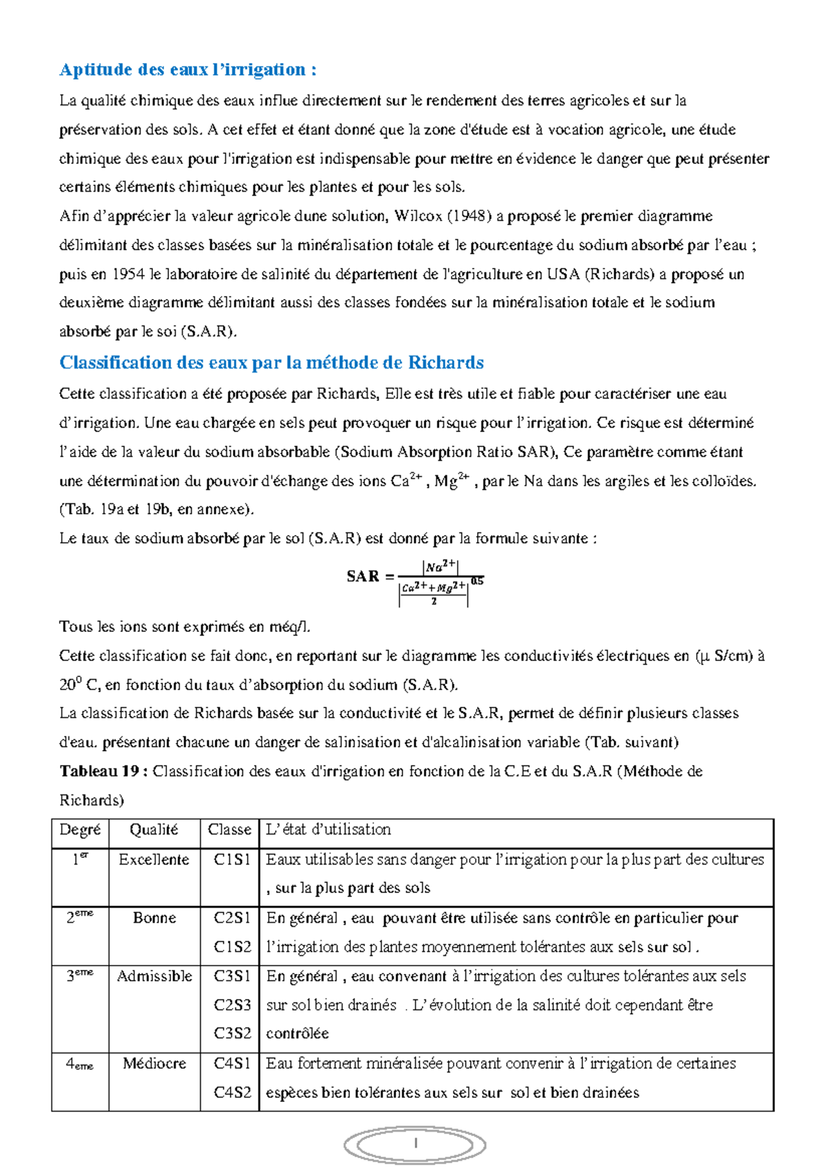 Classification des eaux selon Wilcox et Richards : Impact sur l ...