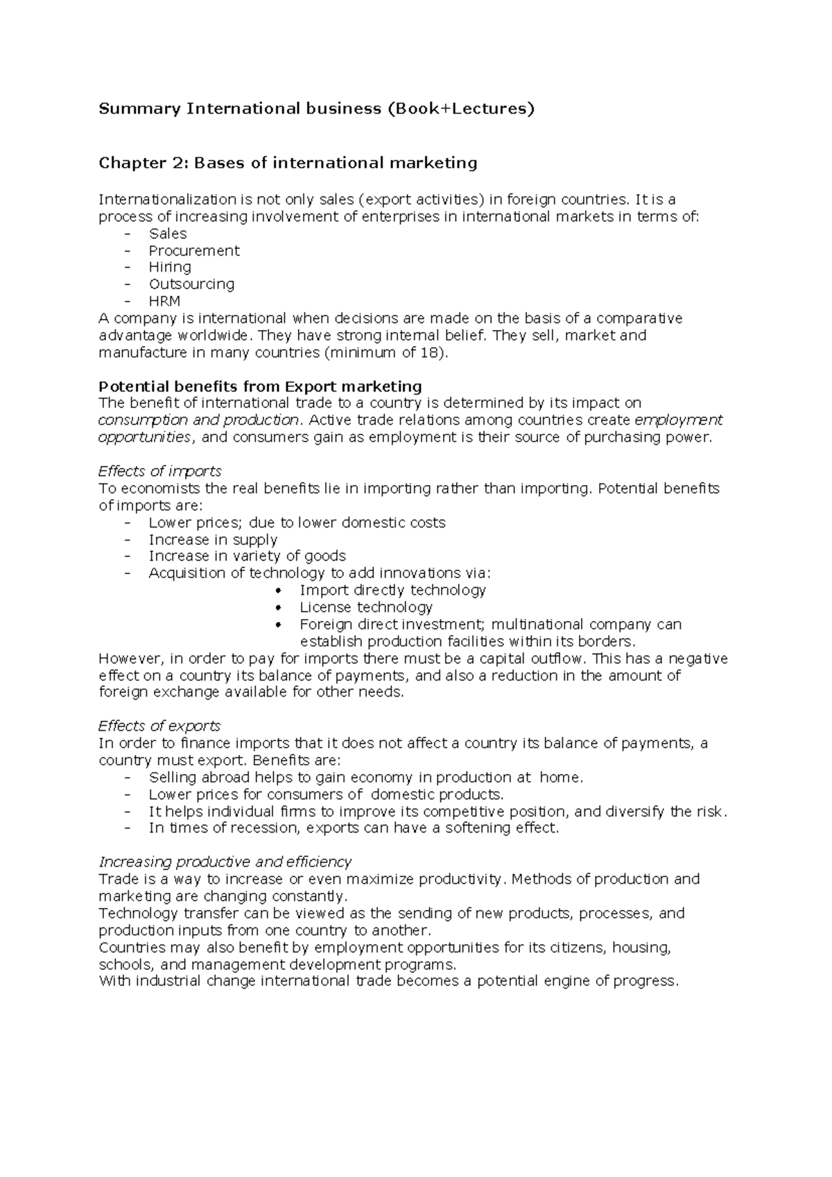 Summary of International Business (IB 101) - Key Concepts from Book ...