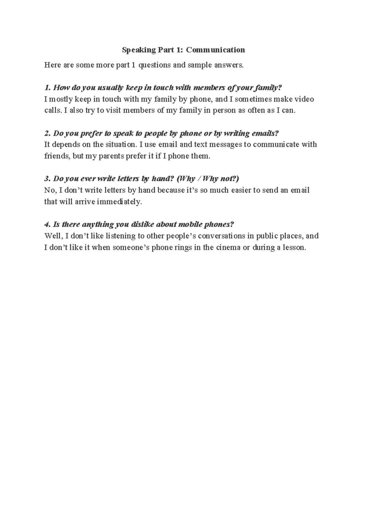 Speaking Part 1: Work - Sample Answers for English Test Preparation ...