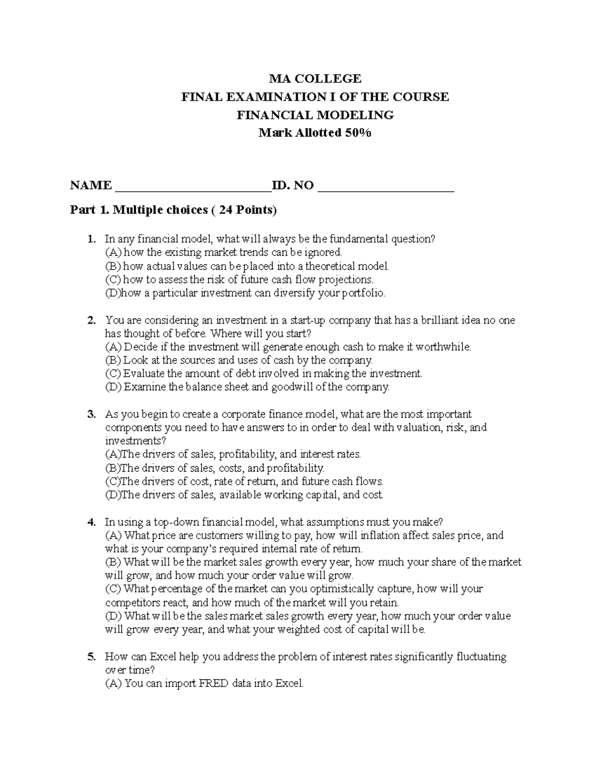 Financial Modeling (Finmod) Final Exam I Overview & Key Details - Studocu
