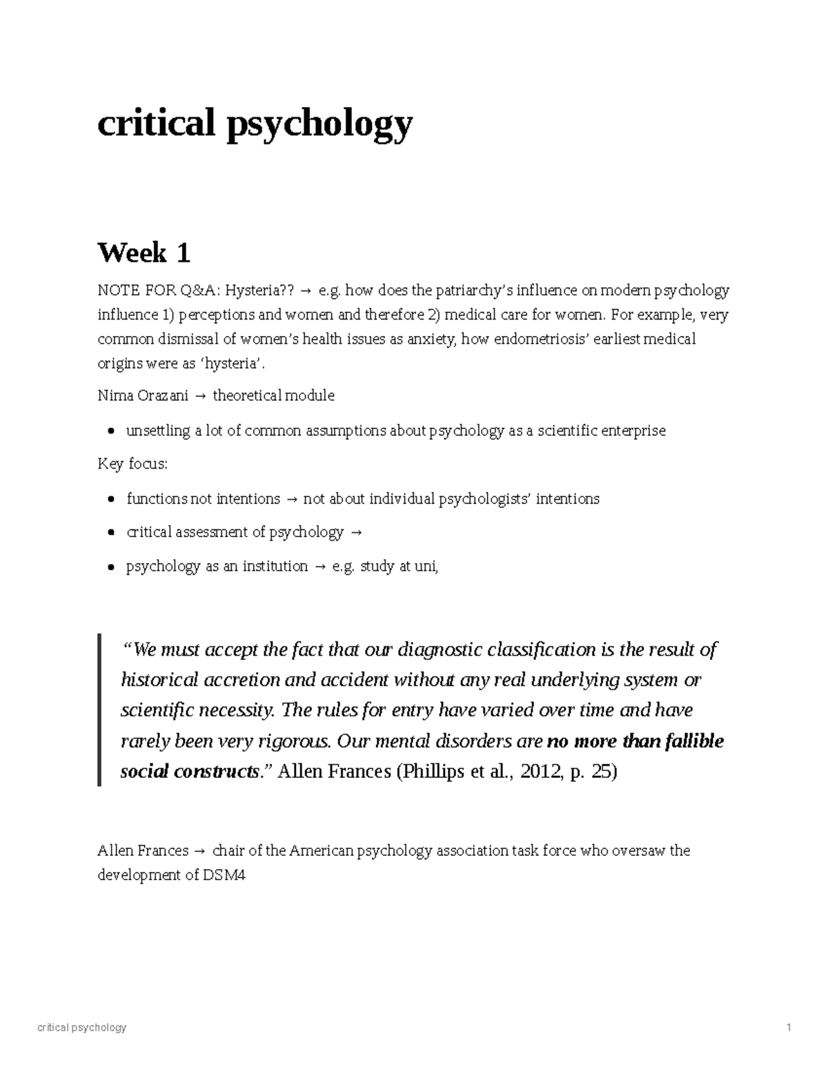critical psychology weeks 1 & 2 notes - critical psychology Week 1 NOTE ...