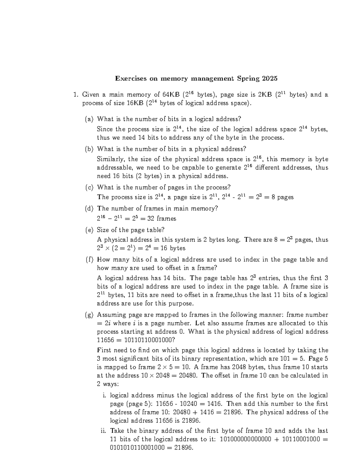 Exercises on Memory Management (CS 2025) - Studocu