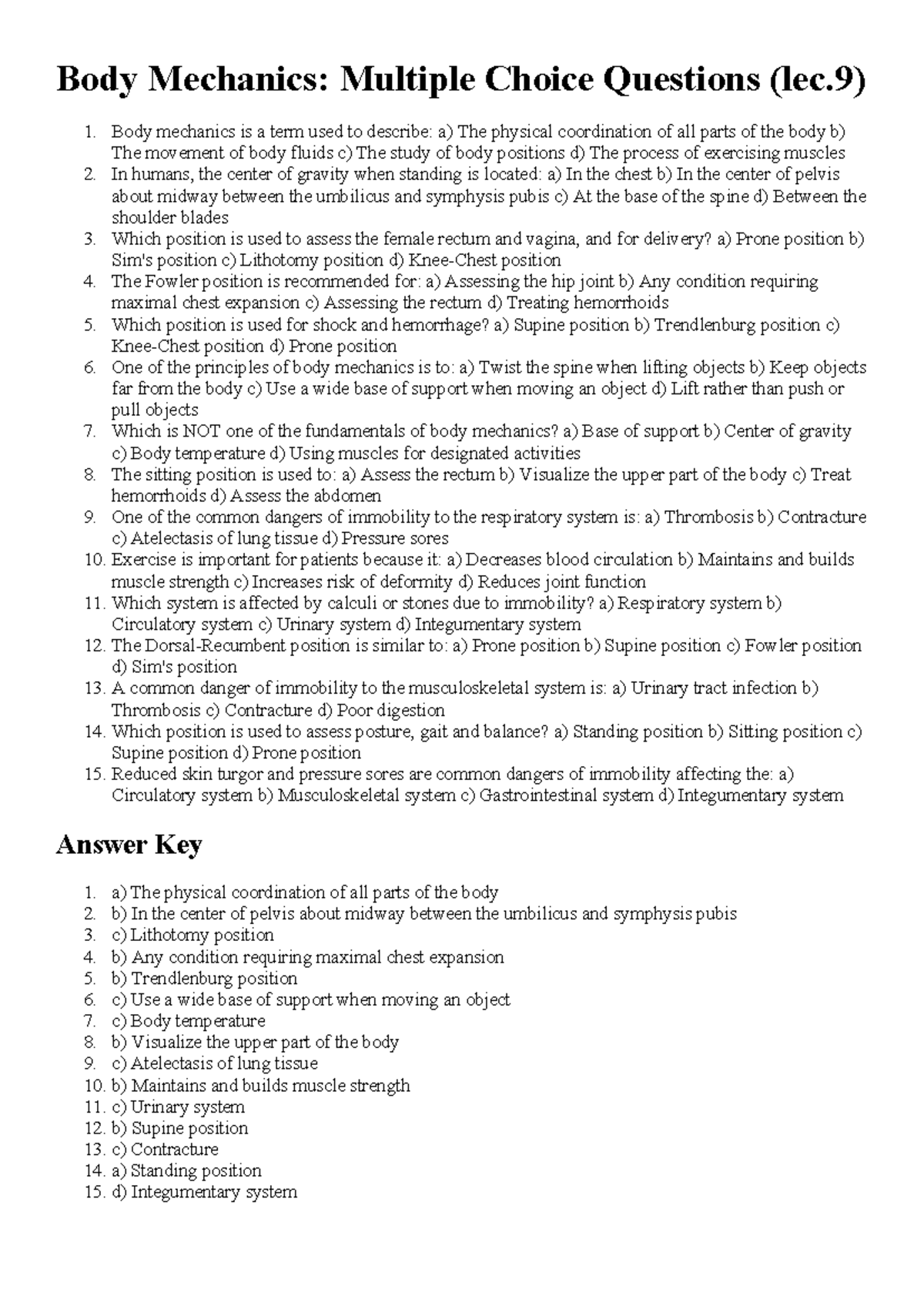 Body Mechanics: MCQs for Health Assessment (Lec. 9) - Studocu
