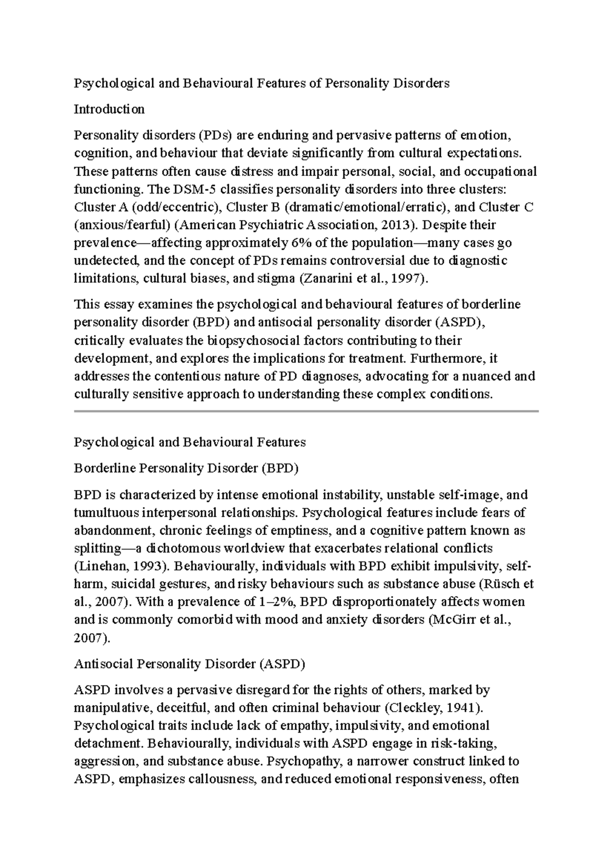 Psychological and Behavioral Analysis of BPD and ASPD - Course Code ...