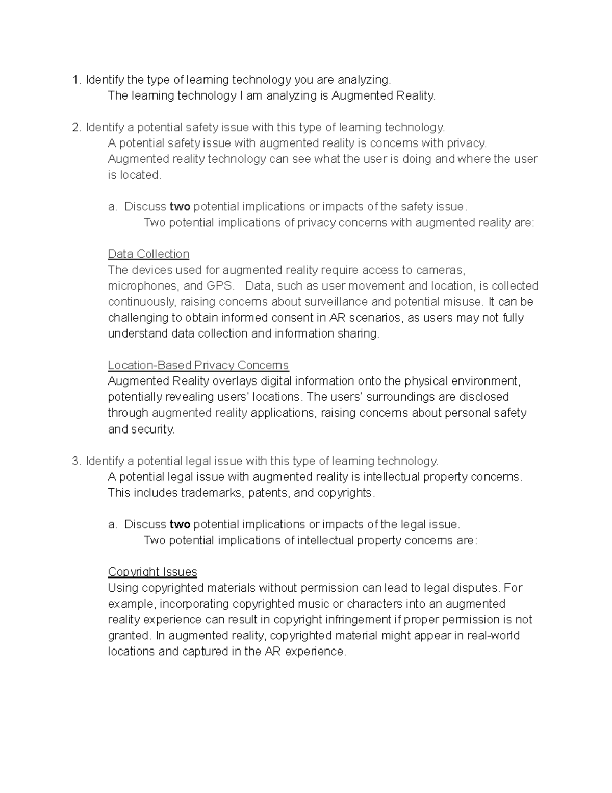 D294 Task 3 - Analysis of Safety, Legal, and Ethical Issues in AR - Studocu