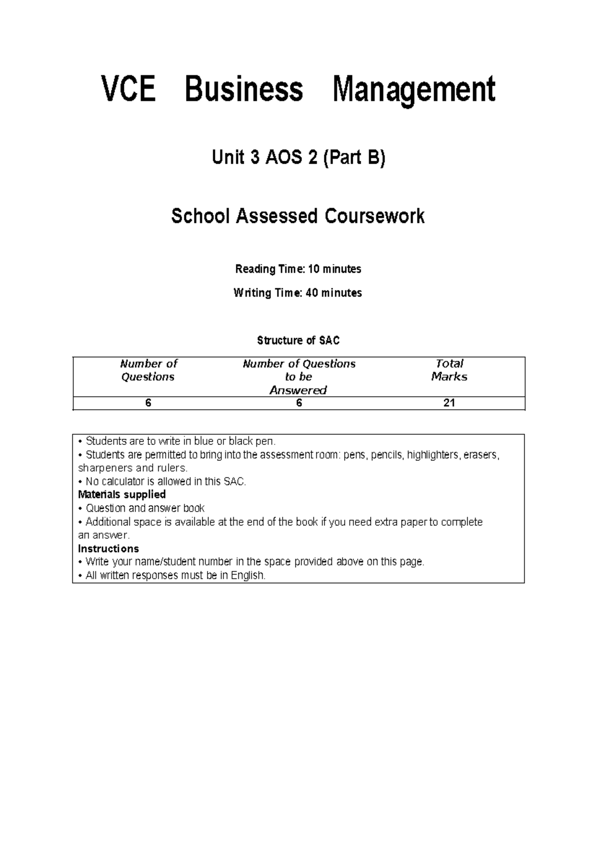 VCE Business Management Unit 3 AOS 2 SAC 2023: Case Study Analysis ...