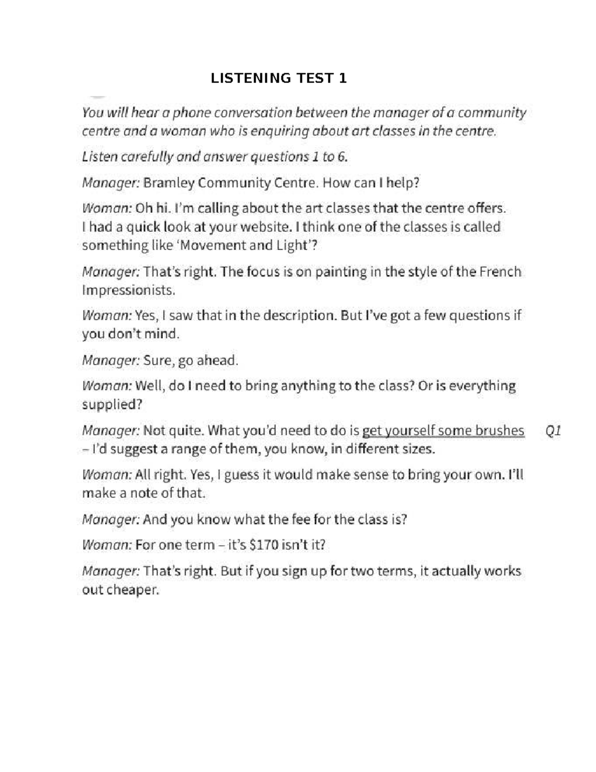 Tapescript for Listening Test 1 (Course Code: LT101) - Studocu