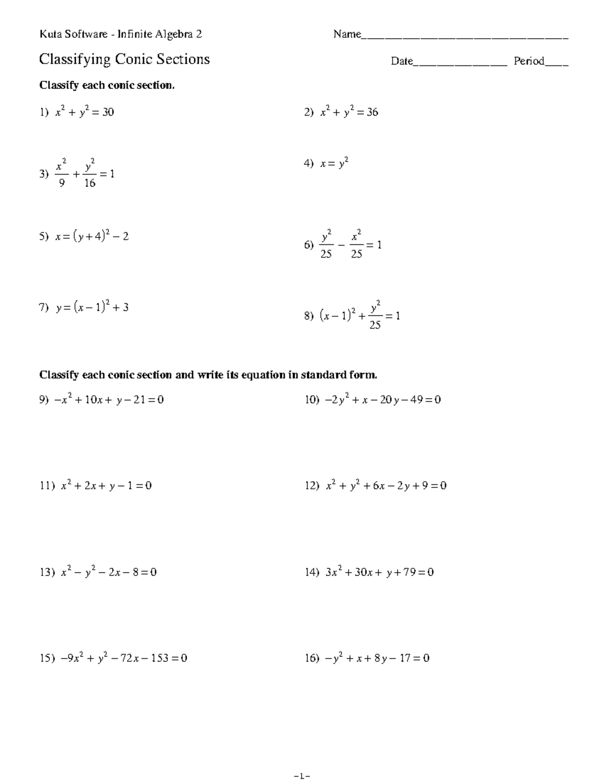 Kuta Software Infinite Algebra 2 Worksheet: Writing Parabola Equations - Studocu