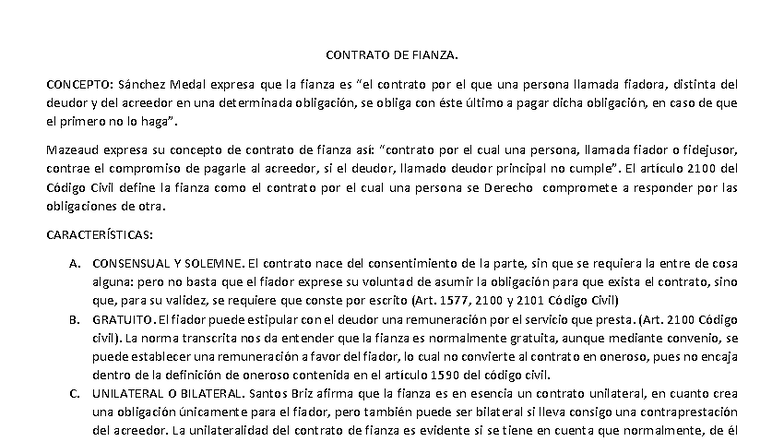 Contrato de Fianza: Conceptos, Características y Elementos Clave - Studocu