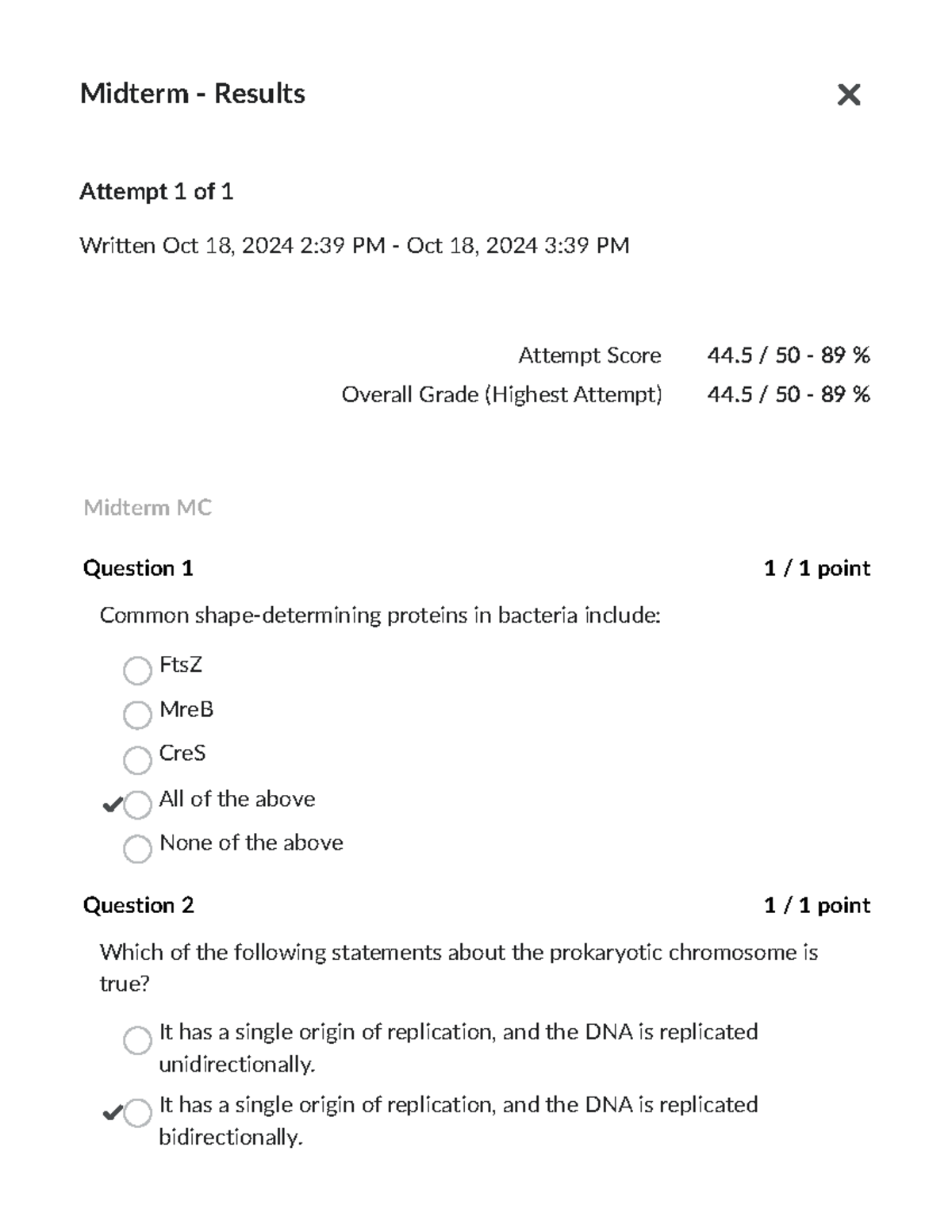 Midterm 1 - Midterm - Results Attempt 1 of 1 Written Oct 18, 2024 2:39 ...