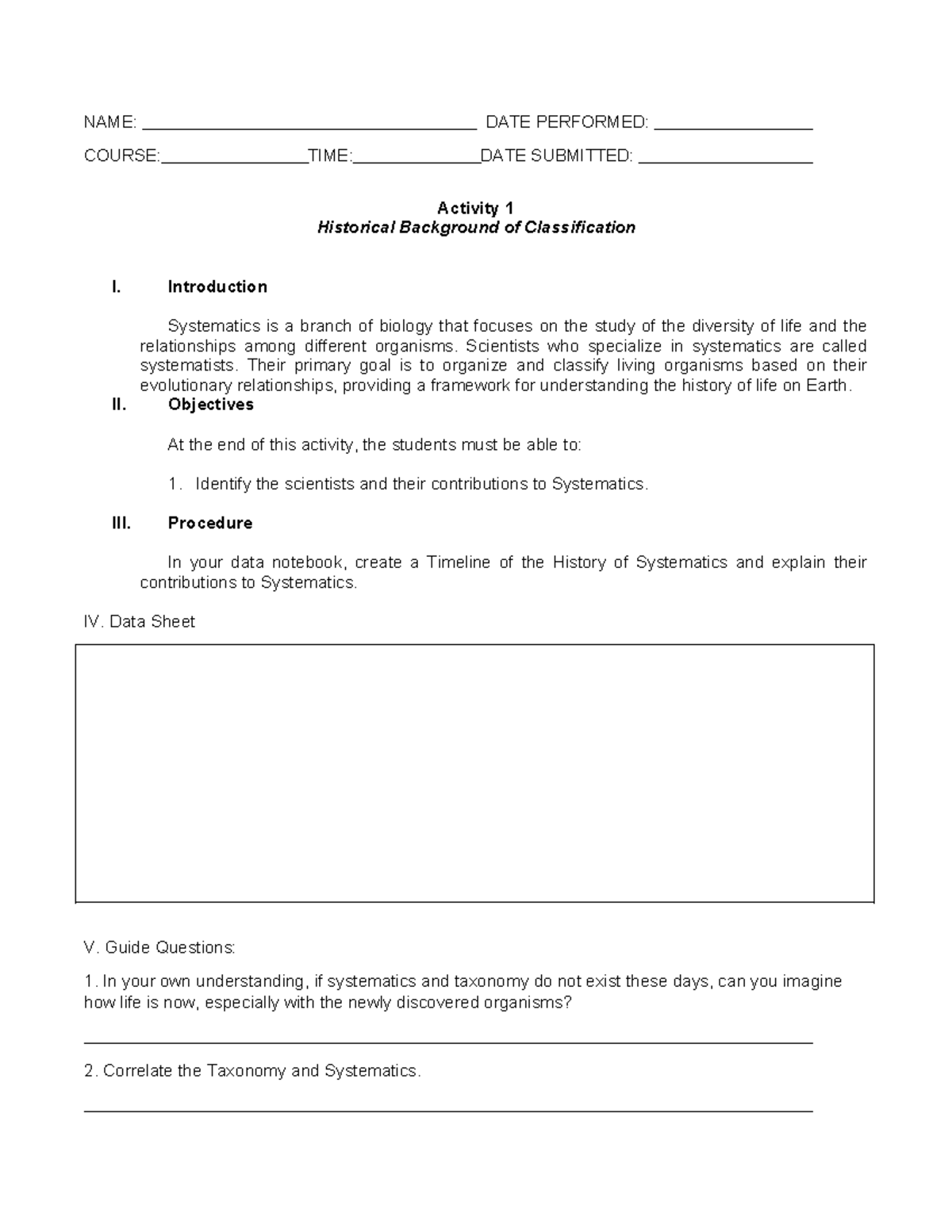 Lab Activities: Systematics, Geologic Timescale & Speciation (BIO 101 ...
