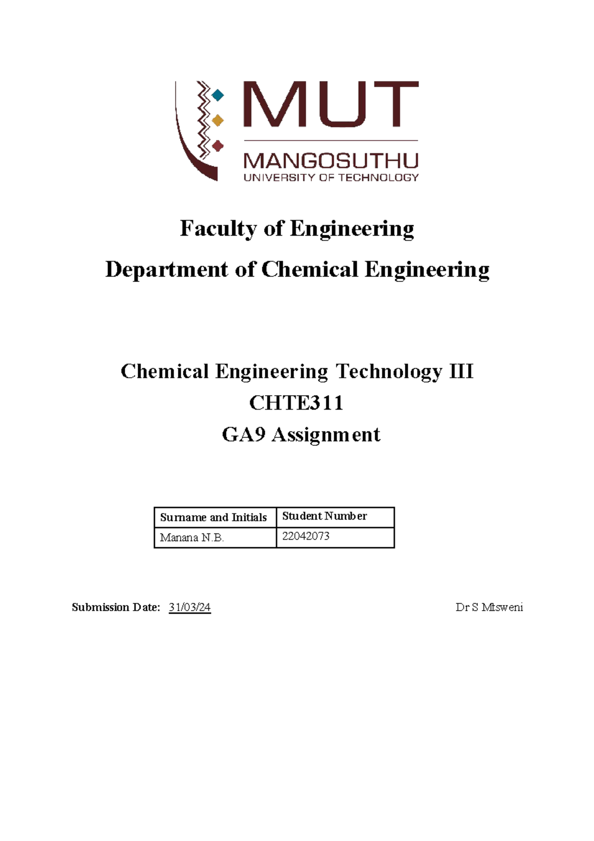 Chemical engineering technology CHTE311 GA9 assignment notes - Studocu