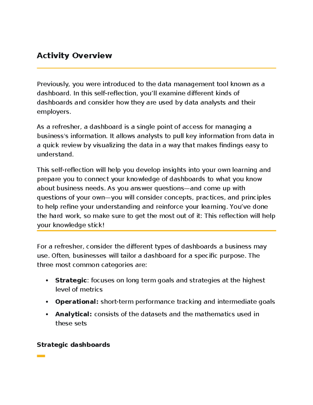 Activity Overview: Understanding Dashboard Types in DATA - Studocu