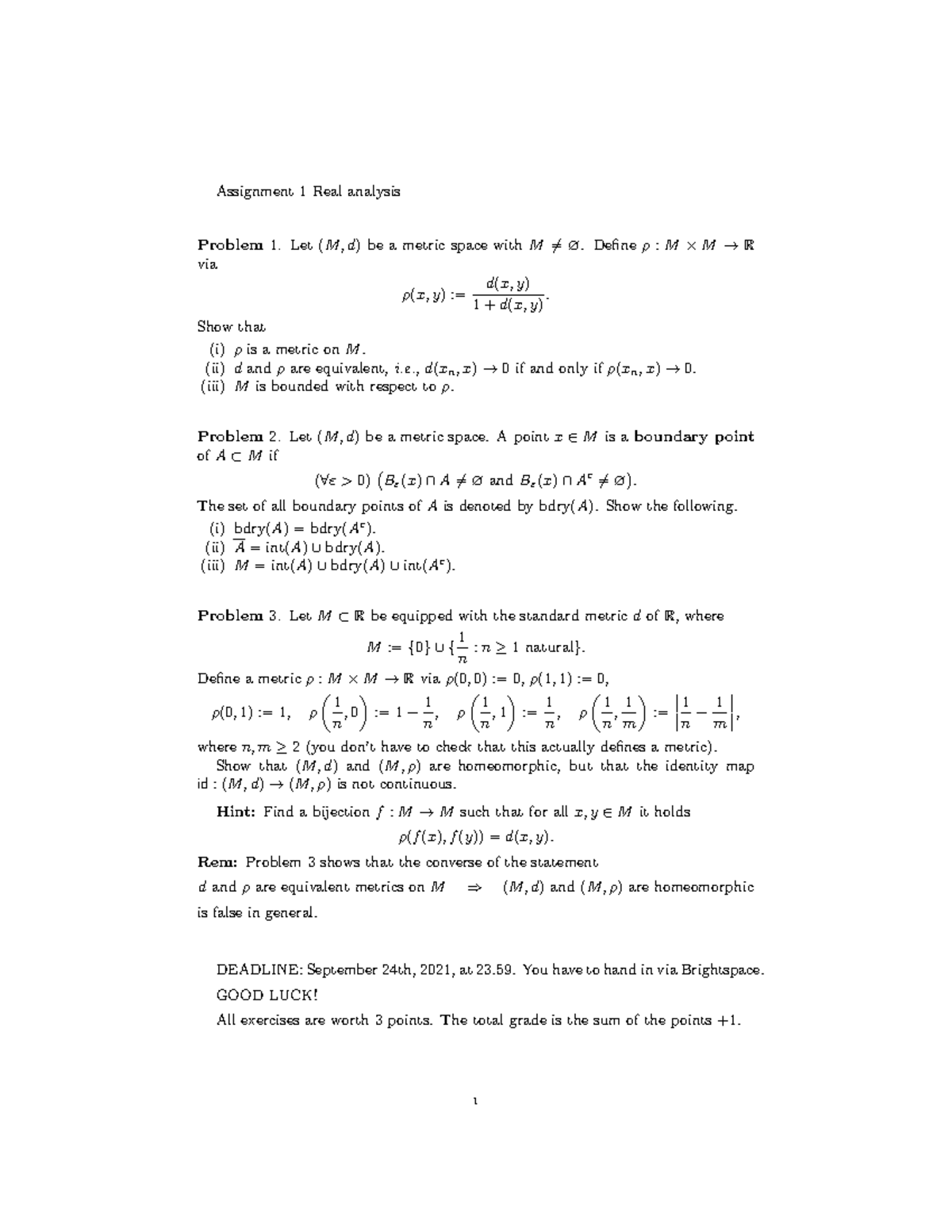 Real analysis Assignment 1 21/22 Q1 - TU Delft - Studeersnel