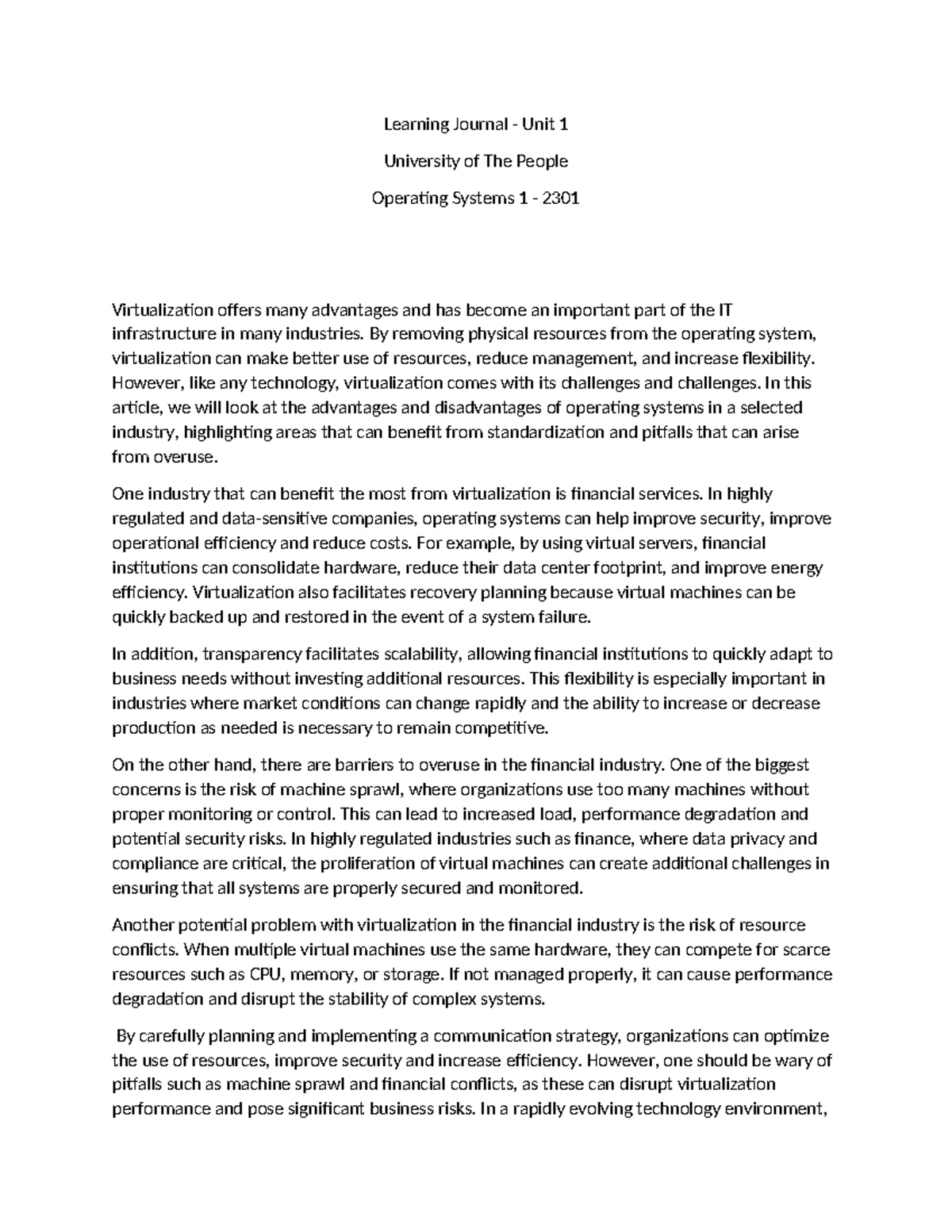 Learning Journal Unit 1 - Learning Journal - Unit 1 University of The ...
