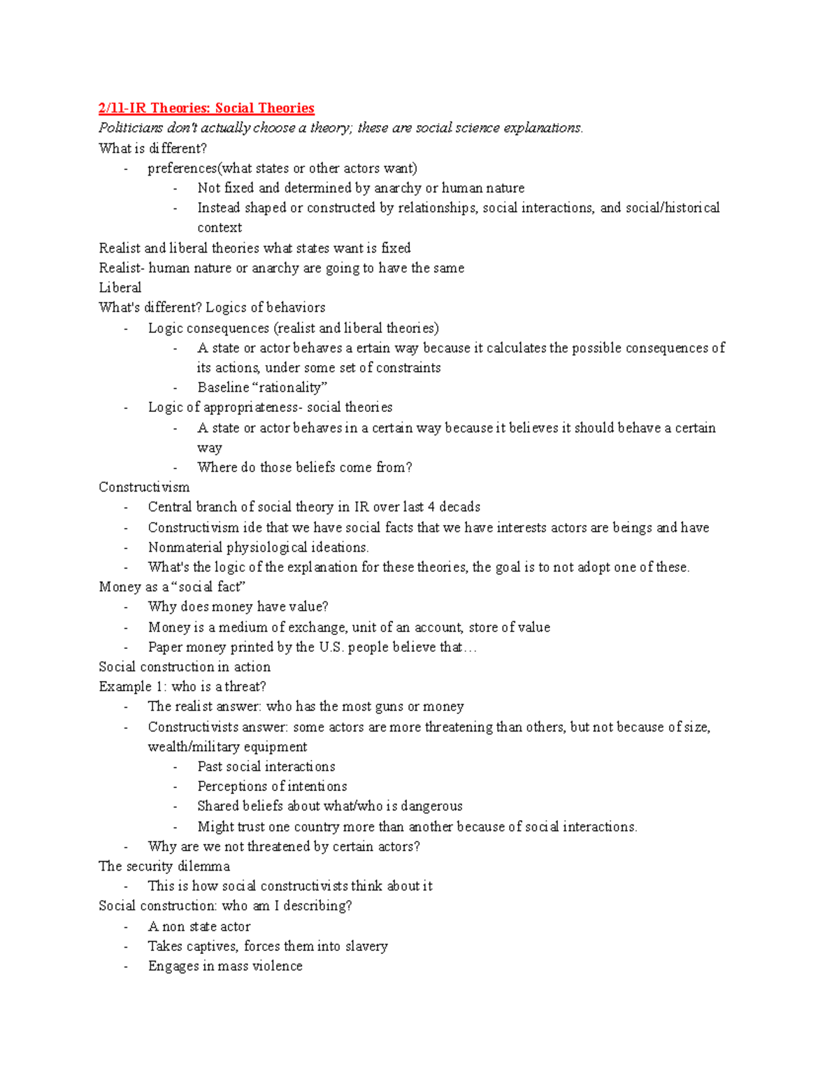 Poli Sci 140 Lecture Notes: Social Theories in International Relations ...