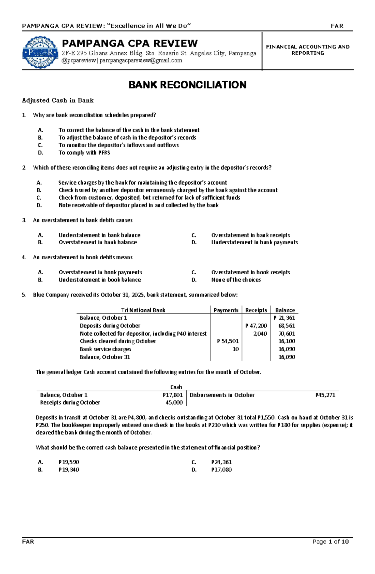 PAMPANGA CPA REVIEW: FAR Bank Reconciliation Practice Questions - Studocu