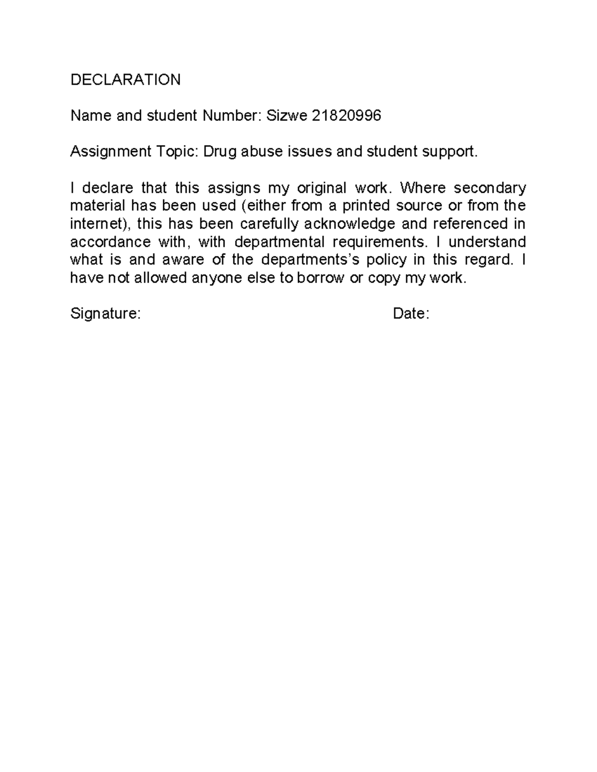 Assignment 01 ENN 1504-3 - DECLARATION Name and student Number: Sizwe ...