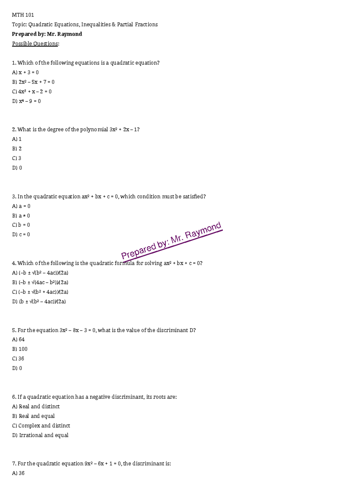 MTH 101: Quadratic Equations & Partial Fractions Study Guide - Studocu