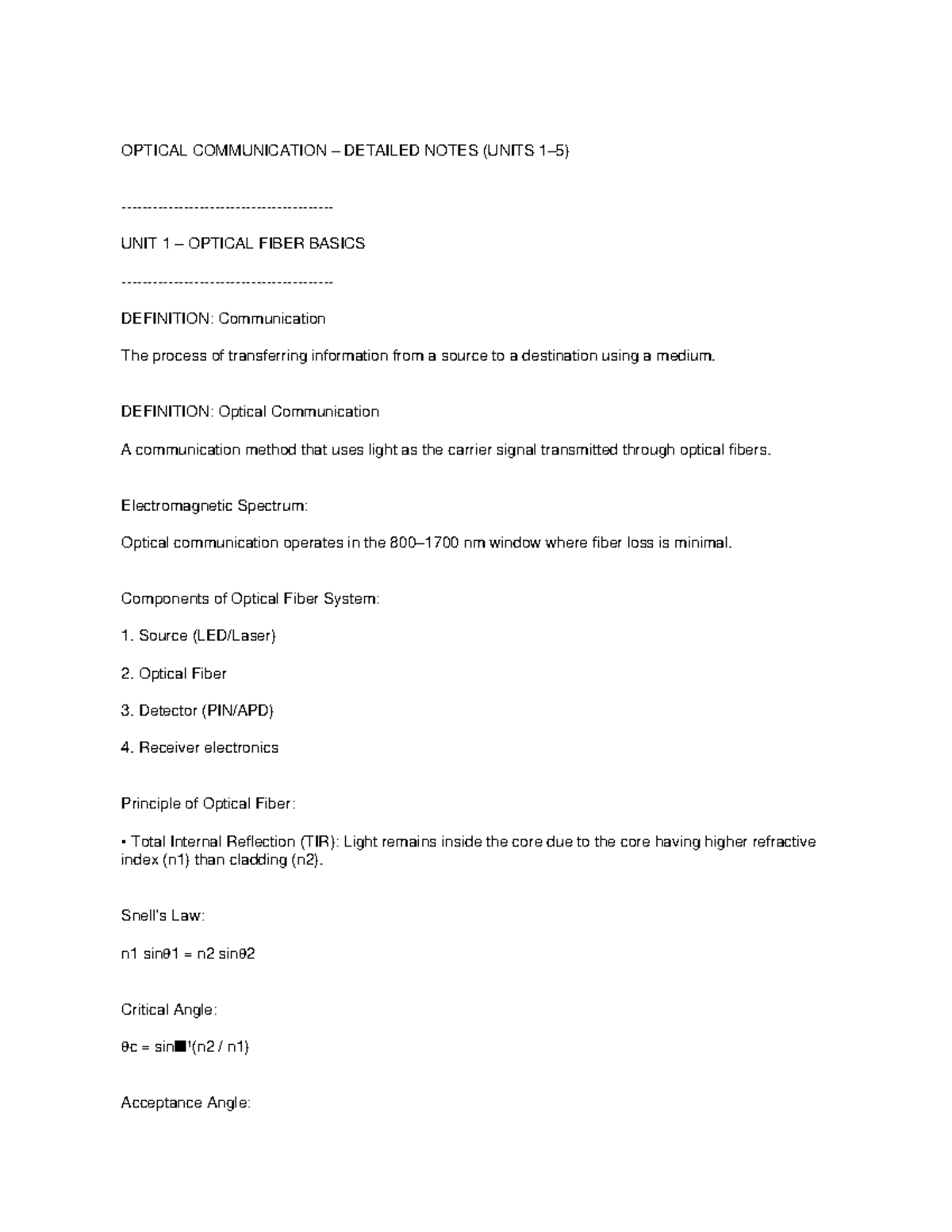 OPTICAL COMMUNICATION DETAILED NOTES (UNITS 1-5) - Studocu