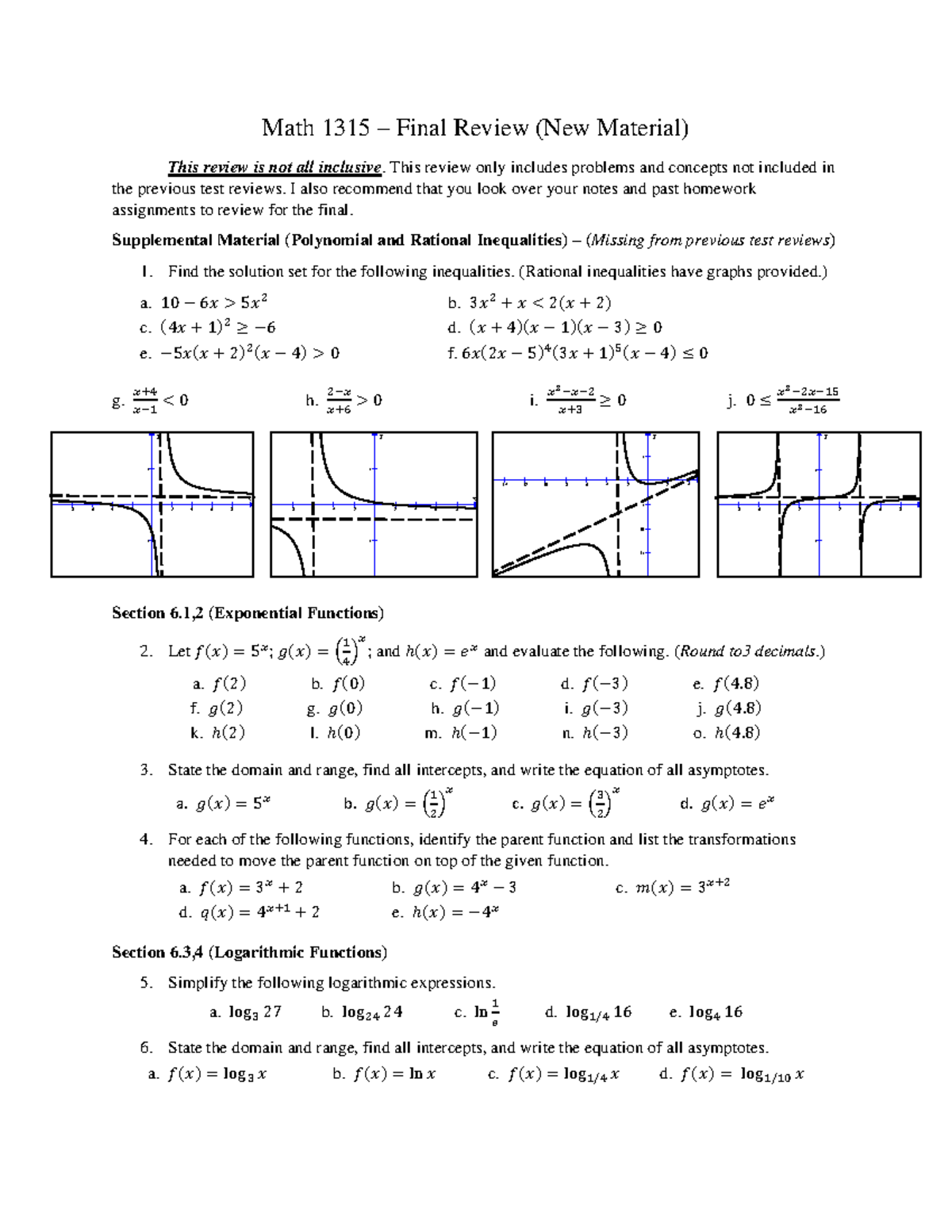 Math 1315 Final Review: Key Concepts and New Material - Studocu