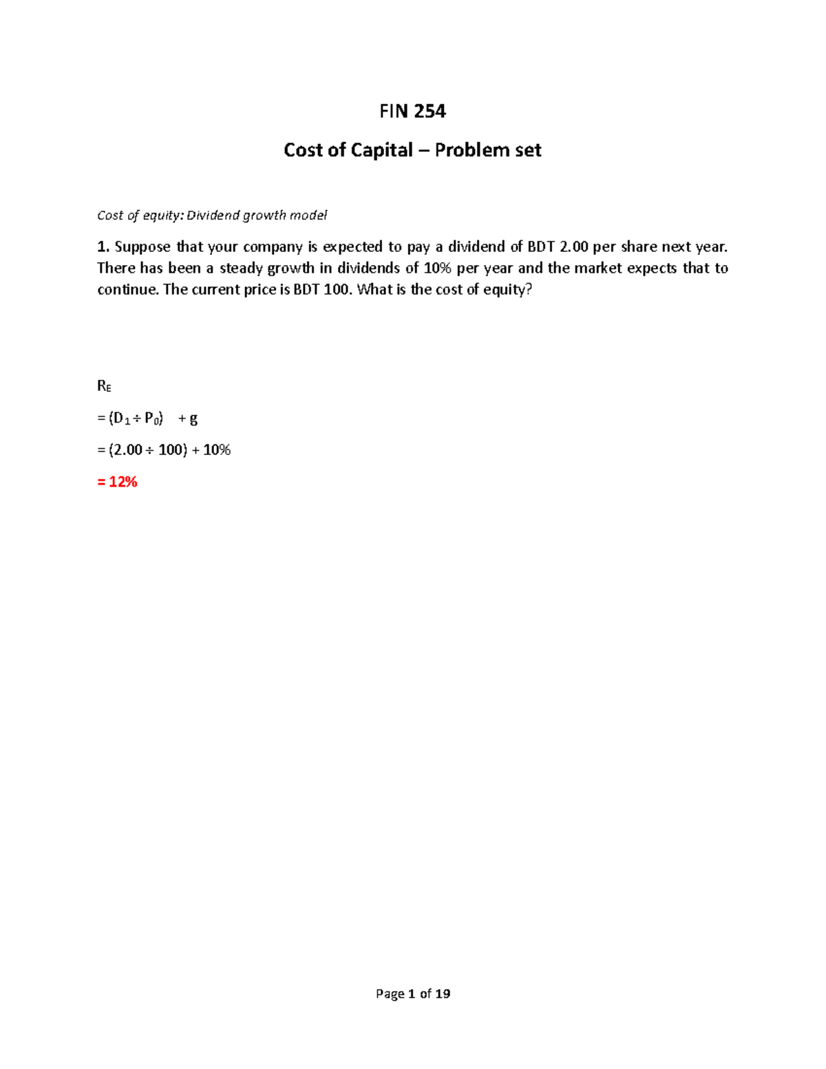 FIN 254 Cost of Capital - Problem Set and Solutions - Studocu