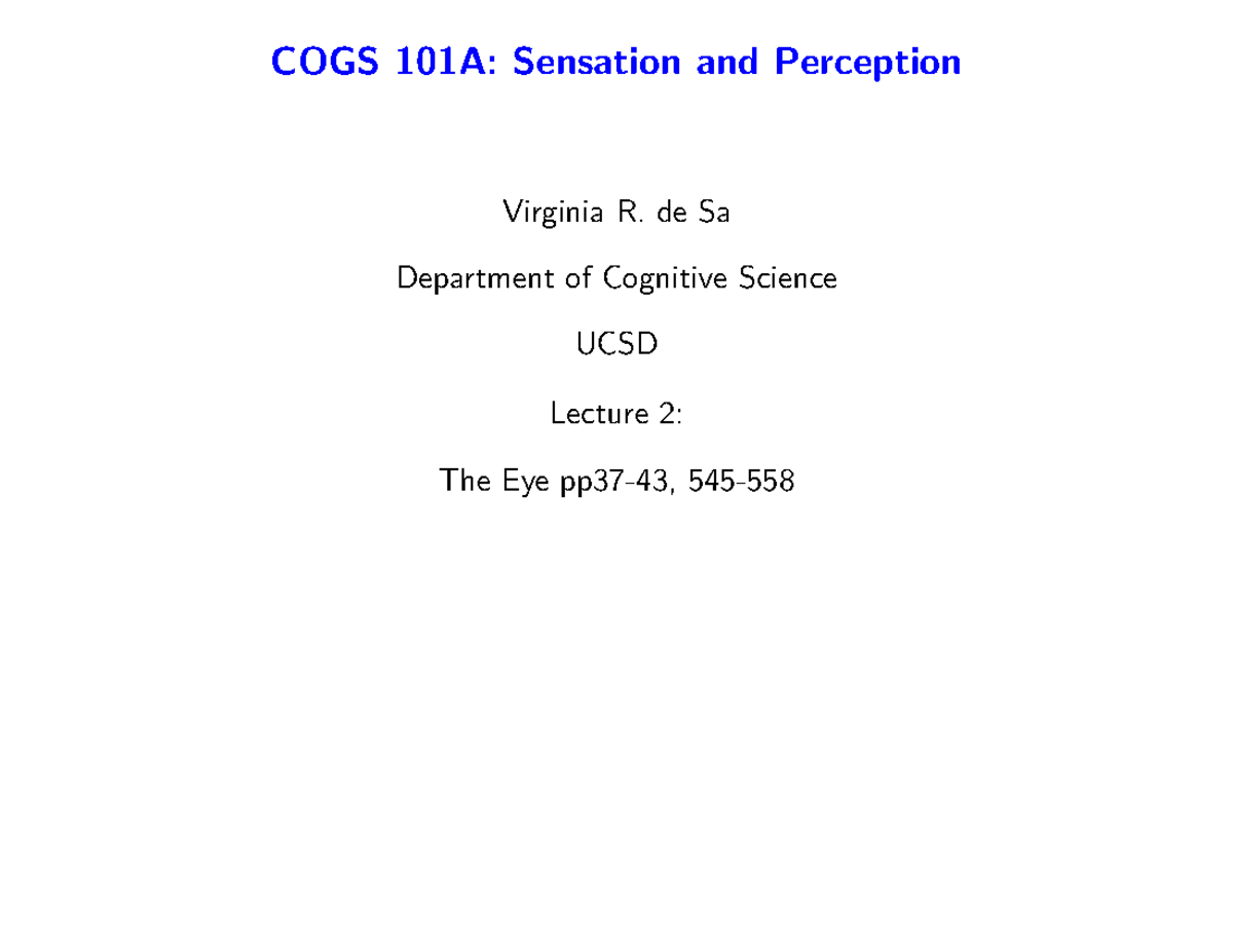 Cogs 101a - Lecture Notes - COGS 101A: Sensation and Perception 1 ...